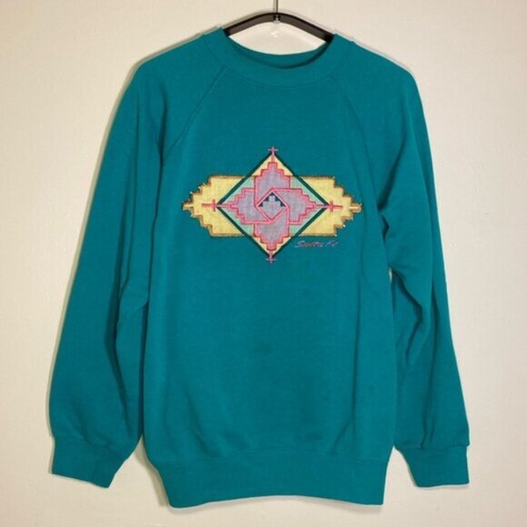 VINTAGE Santa Fe Sweatshirt Womens Medium Green Raglan USA Embroidered Hanes - Picture 1 of 8